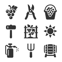 Winemaking icons: grapes, tools, barrel, sun, and vineyard elements.