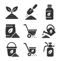 Gardening tools and supplies icons: seedling, shovel, fertilizer, watering can, soil.