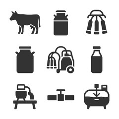 Silhouette icons of dairy farm equipment and cattle.