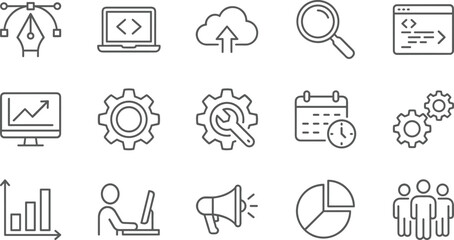 Business analytics and development line icons set, cloud upload coding research marketing planning growth management concept illustration