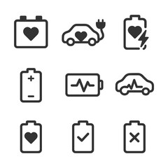 Electric vehicle icons: battery, charging, and heart motifs for eco-friendly transport.