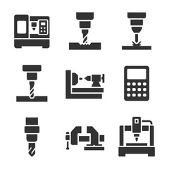 Cnc machine tools and equipment icons in industrial manufacturing.
