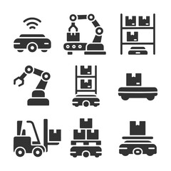 Automated logistics icons set featuring robots, forklifts, and smart vehicles.