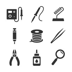 Soldering tools icons set: iron, syringe, wire, tweezers, magnifying glass.