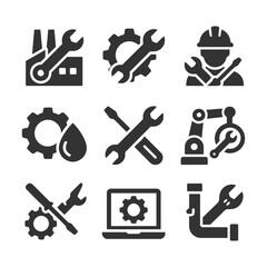Industrial tools and mechanics icons set in black and white.