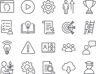 Business education and achievement line icons set featuring goals learning communication productivity strategy management vector outline symbols