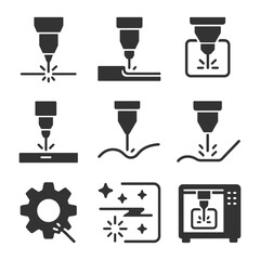 Laser cutting and engraving machine icons set.