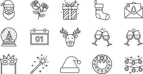 Christmas and holiday celebration line icons set with Santa gift wreath calendar reindeer decorations festive symbols minimal outline vector © MdMosraful