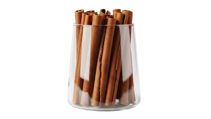Isolated shot of cinnamon sticks in glass container, aromatic spice for beverages & cooking