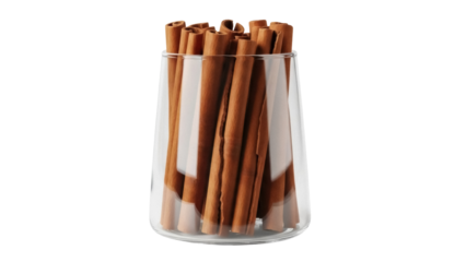 Isolated shot of cinnamon sticks in glass container, aromatic spice for beverages & cooking