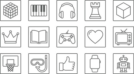 Entertainment hobby and lifestyle line icons set featuring music gaming sports media technology leisure vector outline symbols collection © MdMosraful