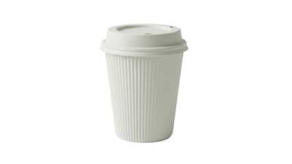 Isolated cup of coffee in recyclable corrugated paper cup with closed plastic lid to go