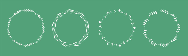 White round frames with botanical images of flowers and herbs on green background. Wildflowers form round wreaths. Empty silhouettes of herbs in circle shapes for design, vector graphics © Iry