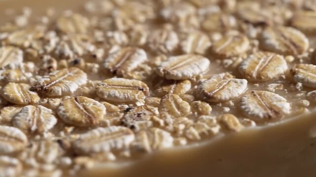 Close-up Macro of Oatmeal Soap Bar with Rolled Oats and Creamy Texture in Soft Natural Lighting Perfect for Skincare and Natural Product Photography