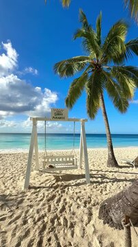 Caribbean Beach with a Charming Wooden Swing, Crystal Blue Waters, Powdery White Sand, and Swaying Palm Trees Under the Warm Summer Sun