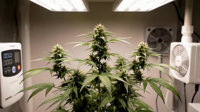 Close-up of a cannabis plant in full bloom with artificial grow lights and fans