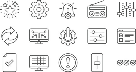 Technology and system control line icons set featuring settings alerts analytics sliders dashboard audio interface minimal outline vector design