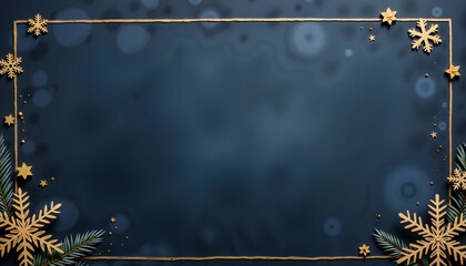 Elegant winter frame with golden snowflakes and green foliage on dark background, perfect for holiday-themed invitations or seasonal greetings.