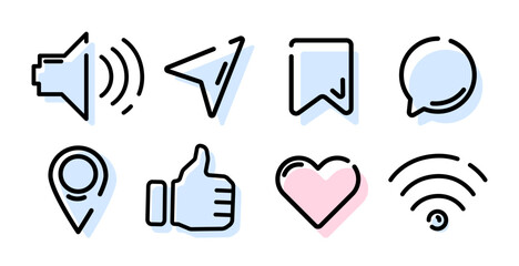 Minimalist set of social media and interface icons with like, heart, chat, location, message, sound, Wi Fi, and bookmark for apps, websites, digital marketing, UI design,social media platforms Vector