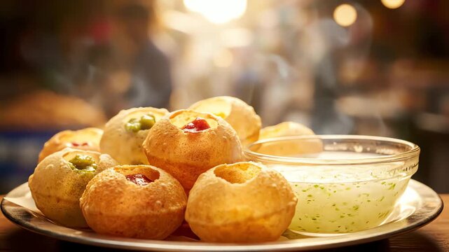 Delicious Indian street food pani puri served with spicy mint water in a close up shot