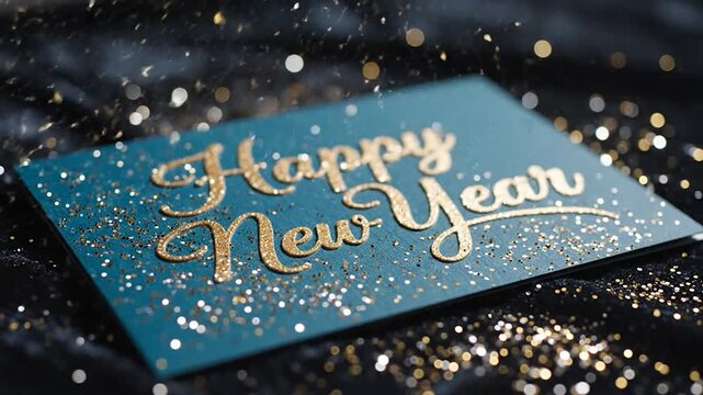 Gold glitter rains down on a teal card wishing "Happy New Year" on a dark background