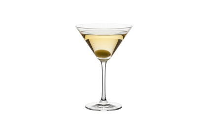 Isolated glass of dry martini with olive garnish on stem, traditional alcoholic drink