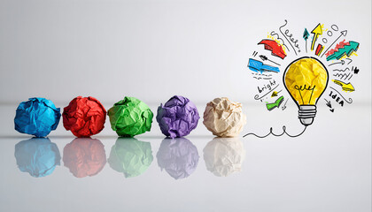 Colorful crumpled paper balls arranged in a row with a sketch of a light bulb and arrows showing creative ideas