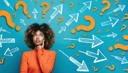 Woman looks up in thought surrounded by question marks and arrows on a blue background