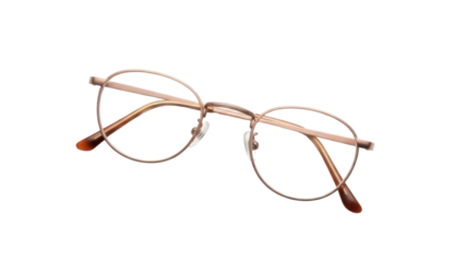 Isolated spectacles for vision care or style, gold frame glasses, trendy elegant accessory