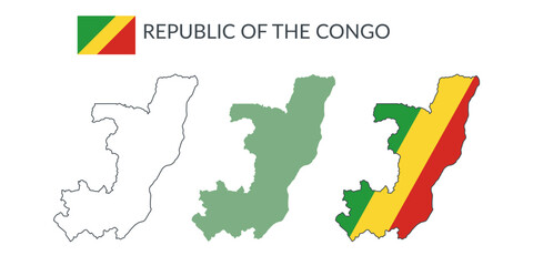 Republic of the Congo geographical borders isolated on white background. Flag of Republic of the Congo. Vector flat cliparts.