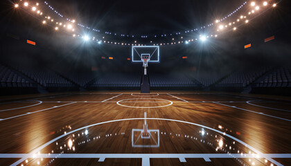 Ultra realistic basketball court with bright lights and empty seats in a modern indoor arena during evening hours