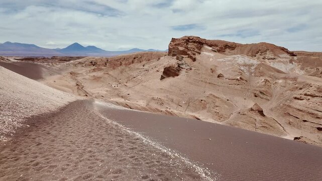 San Pedro de Atacama, Chile: Panoramic footage of trail in Valle de la Luna or Moon valley in Los Flamencos National Reserve in Atacama's desert in Chile on cloudy day