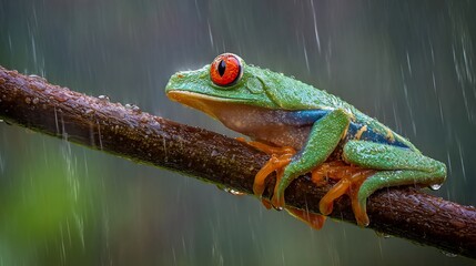 Red-eyed tree frog clings to branch during a rainstorm, eye and detail focused
