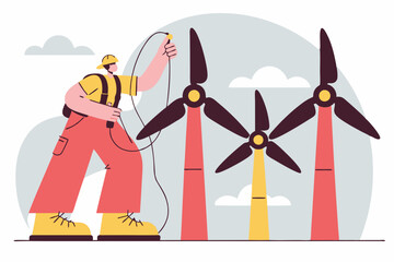 Renewable Energy Engineer Maintenance Worker with Wind Turbines for Sustainable Ecology and Green Power Concept