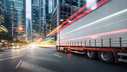 Dynamic scene of a truck driving through a busy urban street with tall buildings and bright lights at dusk