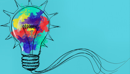 Creative illustration of a light bulb with colorful cloud designs on blue background showcasing imagination and innovation