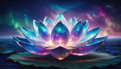A luminous, iridescent lotus flower glows with cosmic colors on water under a vibrant aurora borealis sky.