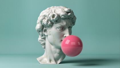 Modern sculptural head with bubblegum placed in front of a minimalist background