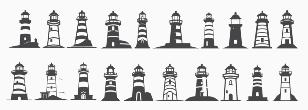  lighthouse silhouette icons set logo black beacon light