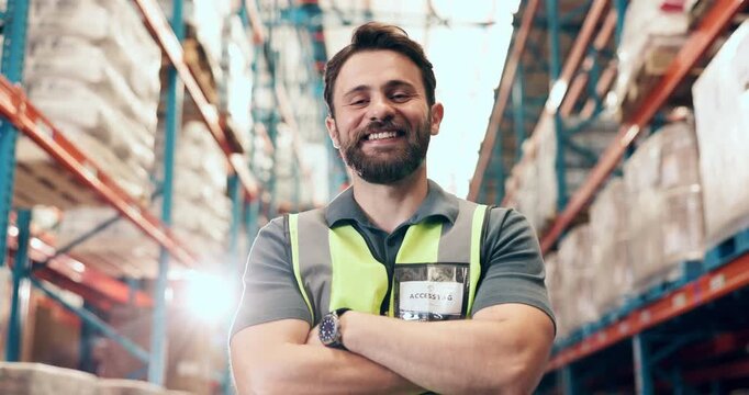 Arms crossed, face and logistics with man in warehouse for delivery, distribution or shipping. Packaging, supply chain and quality control with happy person in storage depot for import or export