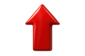 Glossy red 3d arrow pointer indicating upward direction, symbolizing growth, success, and rising progress on transparent background