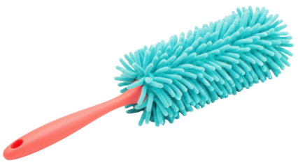 Isolated feather duster with plastic handle for home cleaning, dusting and housework tasks