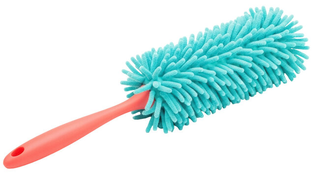 Isolated feather duster with plastic handle for home cleaning, dusting and housework tasks