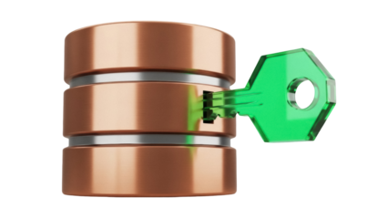 Isolated key unlocks a copper cylinder bank, suggesting security and database access