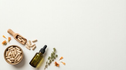 Capsules and small glass bottle with dried herbs on white background, copy space.