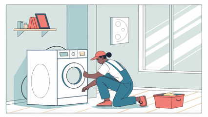 A technician squats on the floor of a bright laundry room while repairing a washing machine.