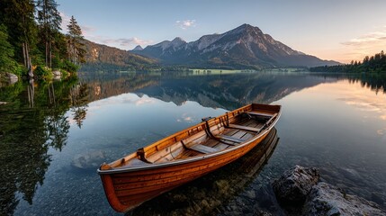 Serene wooden boat on calm lake with majestic mountain reflection at dusk