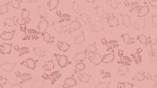 Light red pattern with various animals like pigs, birds, tigers, hedgehogs, and mice. Perfect for childrens books, packaging, and textiles