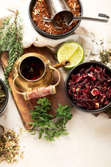 Herbal tea with medicinal herbs and flowers.