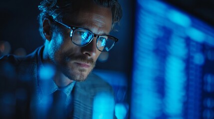 Focused businessman wearing glasses analyzing data on a digital screen in a dimly lit office